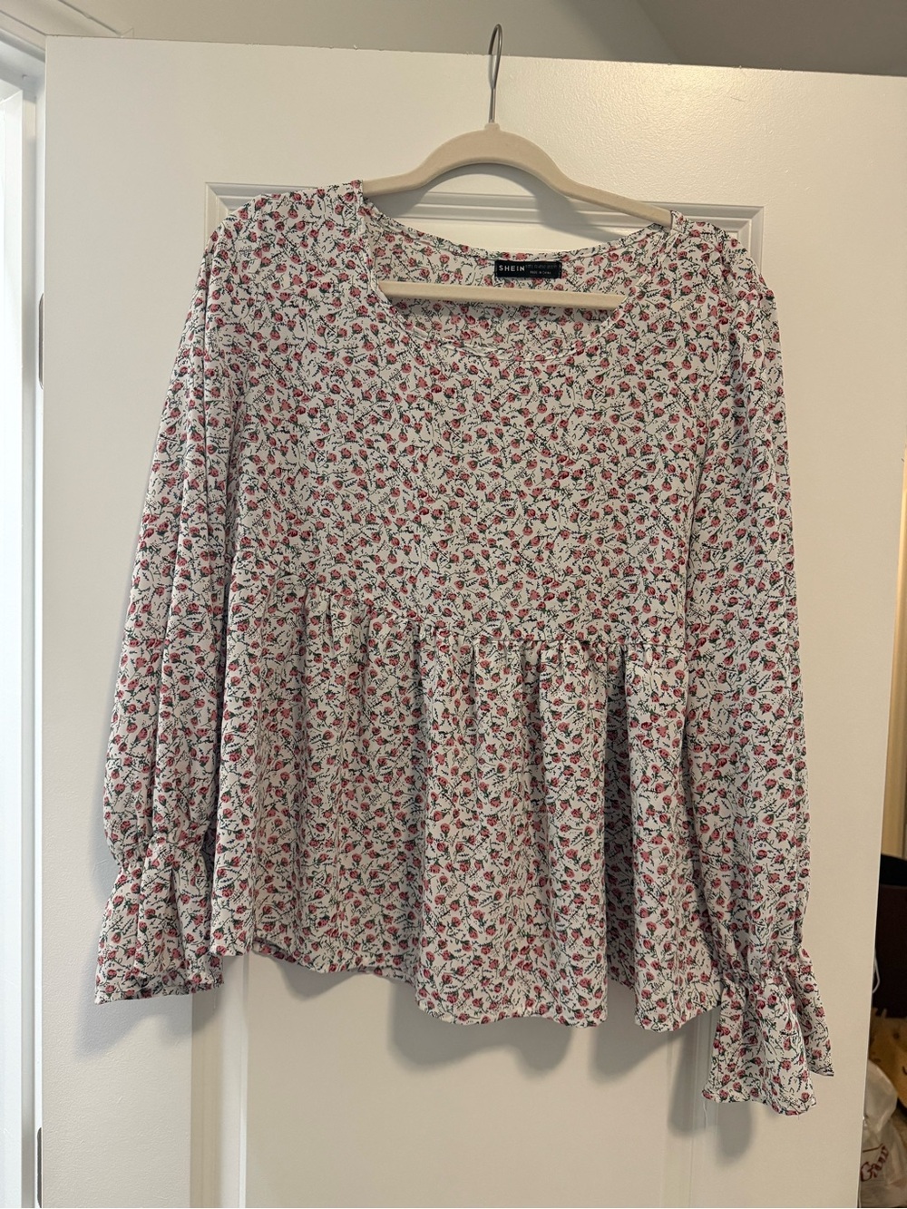 SHEIN White Floral Peplum Blouse with Red & Green Print